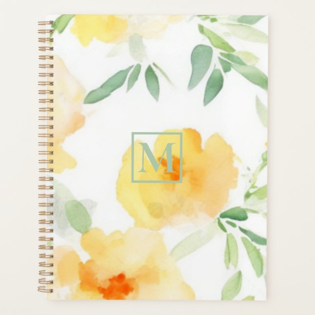 Elegant yellow peach orange watercolor floral  planner (Front)
