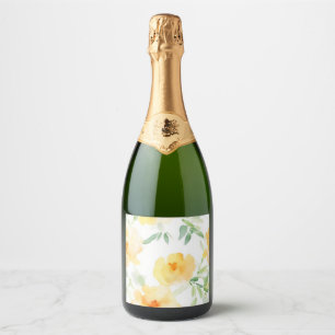 Elegant yellow peach orange watercolor floral sparkling wine label