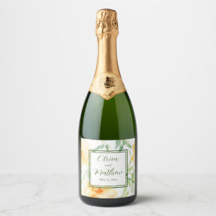 Elegant yellow peach orange watercolor floral sparkling wine label