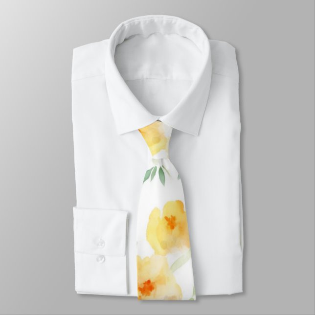 Elegant yellow peach orange watercolor floral  tie (Tied)