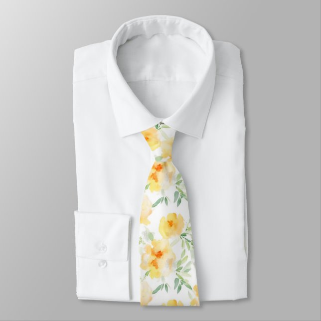 Elegant yellow peach orange watercolor floral  tie (Tied)