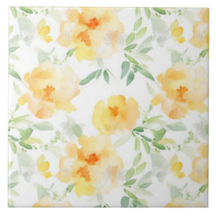 Elegant yellow peach orange watercolor floral  tile
