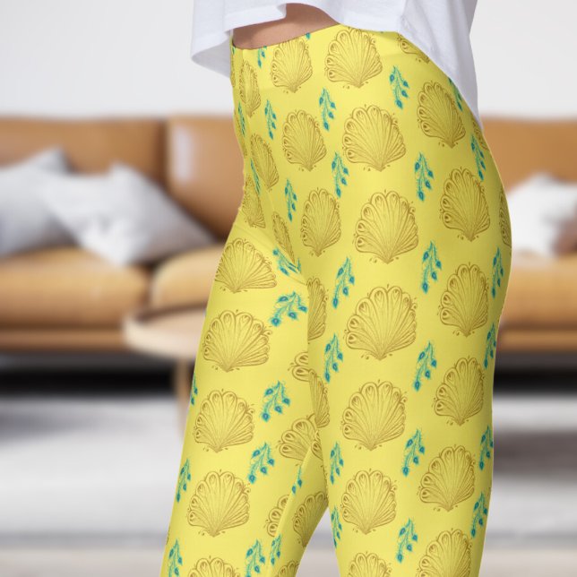 Elegant Yellow Peacock Fan Pattern Leggings (Peacock Fan on Corn Leggings)