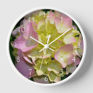 Elegant yellow pink green floral hydrangeas  clock