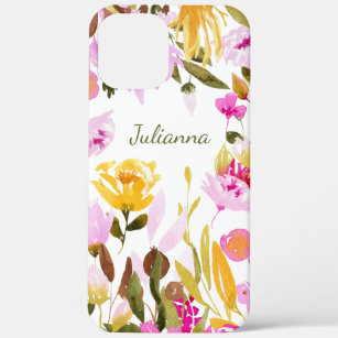 Elegant Yellow Pink Watercolor Floral Personalized iPhone 12 Pro Max Case