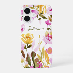 Elegant Yellow Pink Watercolor Floral Personalized iPhone 16 Case