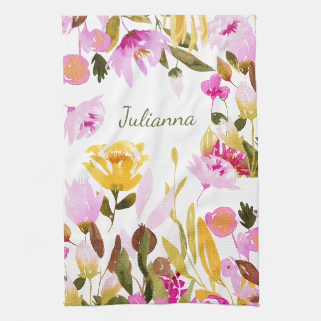 Elegant Yellow Pink Watercolor Floral Personalized Kitchen Towel (Vertical)