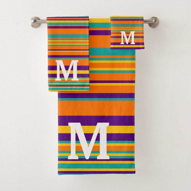 Elegant yellow purple and orang stripes monogram bath towel set (Insitu)