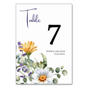 Elegant Yellow Purple Wildflower Wedding Table Number