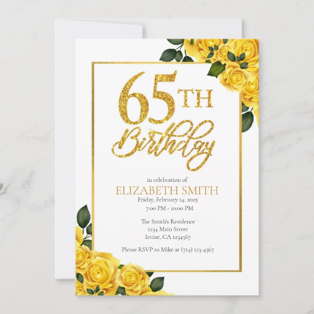 Elegant Yellow Rose 65th Birthday Invitation (Front)