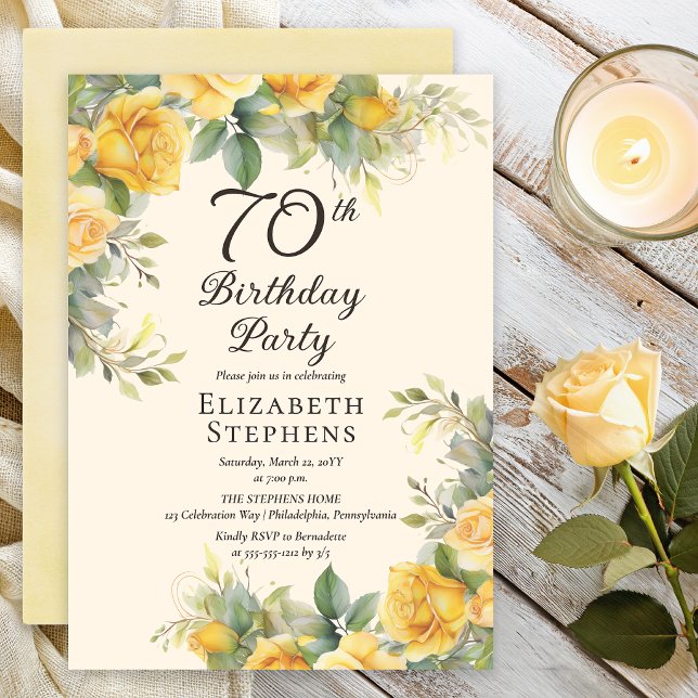 Elegant Yellow Rose 70th Birthday Party Invitation (Elegant yellow rose 70th birthday invitation with soft greenery and warm cream background)