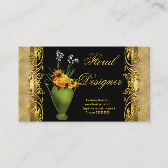Elegant Yellow Rose Black Gold Floristry Business Card (Front)