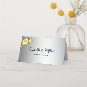 Elegant Yellow Rose Bouquet on Silver Wedding Place Card