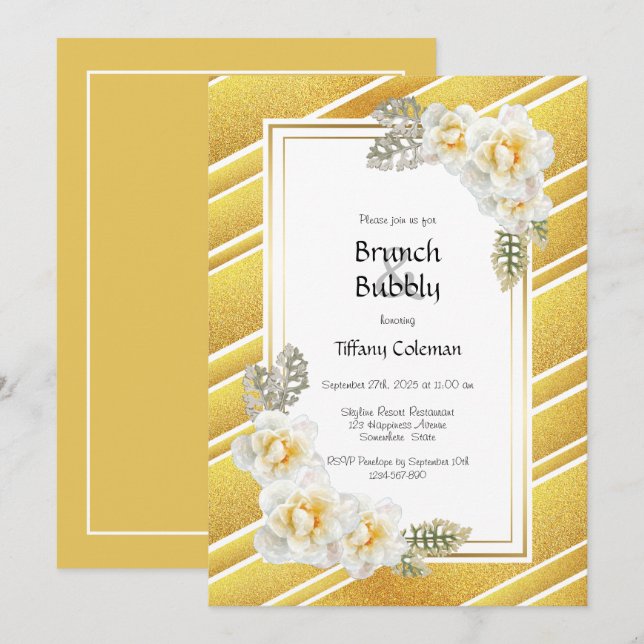 Elegant Yellow Rose Floral Gold Brunch & Bubbly Invitation (Front/Back)