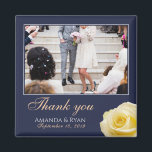 Elegant Yellow Rose Floral Photo Thank you Wedding Magnet<br><div class="desc">A favour wedding magnet with a wedding photo, bride and groom names and wedding date. Personalize with your wedding photo and other details. The text is in a script and the background is dark navy blue. A floral favour magnet with a beautiful yellow rose. An elegant and stylish thank you...</div>