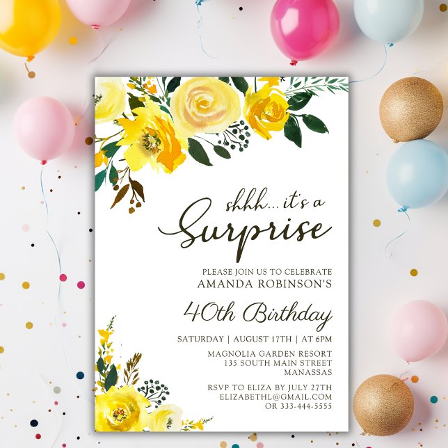 Elegant Yellow Rose Floral Surprise 40th Birthday Invitation (Creator Uploaded)