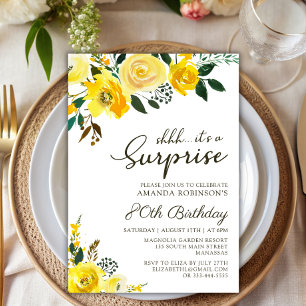 Elegant Yellow Rose Floral Surprise 80th Birthday Invitation