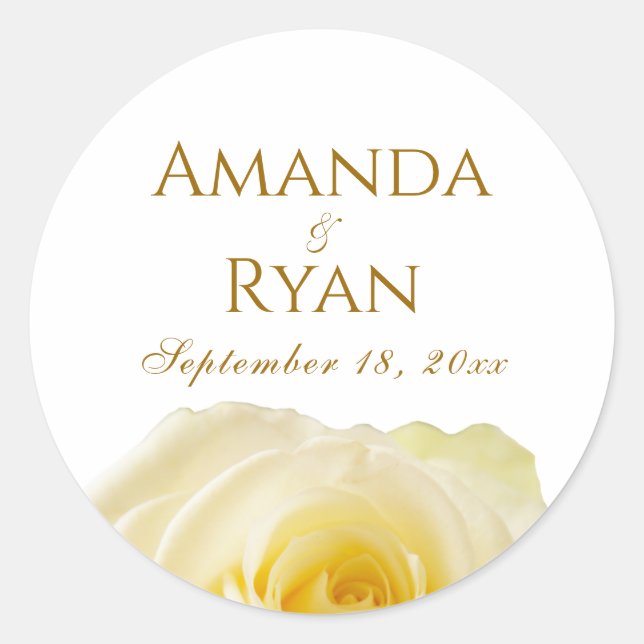 Elegant Yellow Rose Golden Floral Wedding Classic Round Sticker (Front)