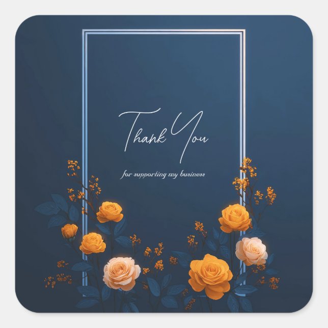 Elegant Yellow Rose Navy Blue Silver Frame Square Sticker (Front)