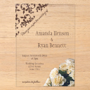 Elegant Yellow Rose Roccoco Pattern Wedding Acrylic Invitations