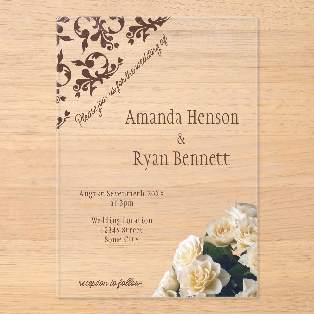 Elegant Yellow Rose Roccoco Pattern Wedding Acrylic Invitations (Front)
