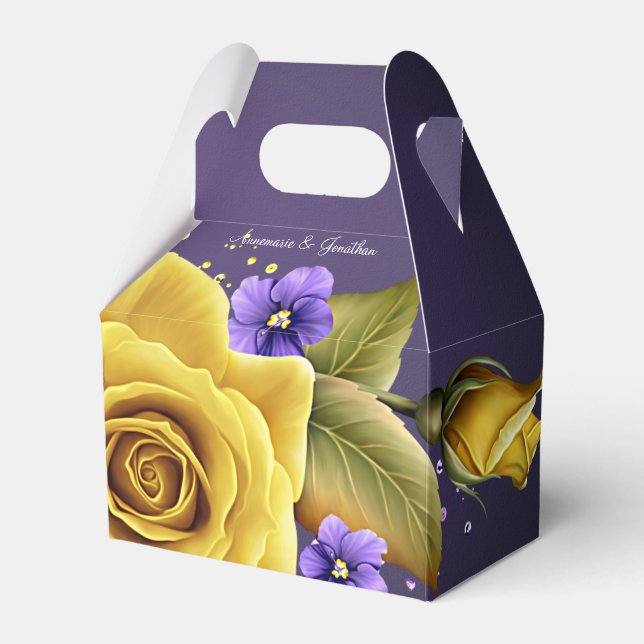 Elegant Yellow Roses and Purple Violets Wedding Favor Box (Front Side)