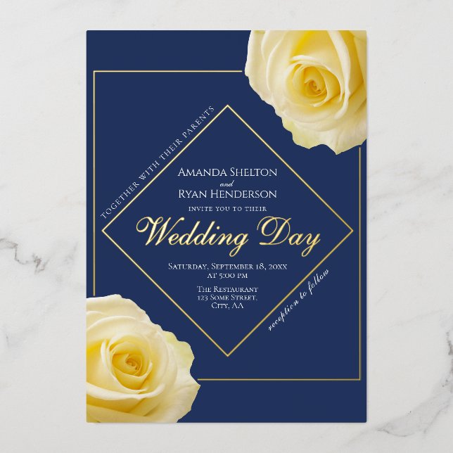 Elegant Yellow Roses Blue Floral Wedding Gold (Front)