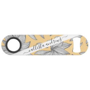 Elegant Yellow Silver Glitter Floral Line Art Bar Key