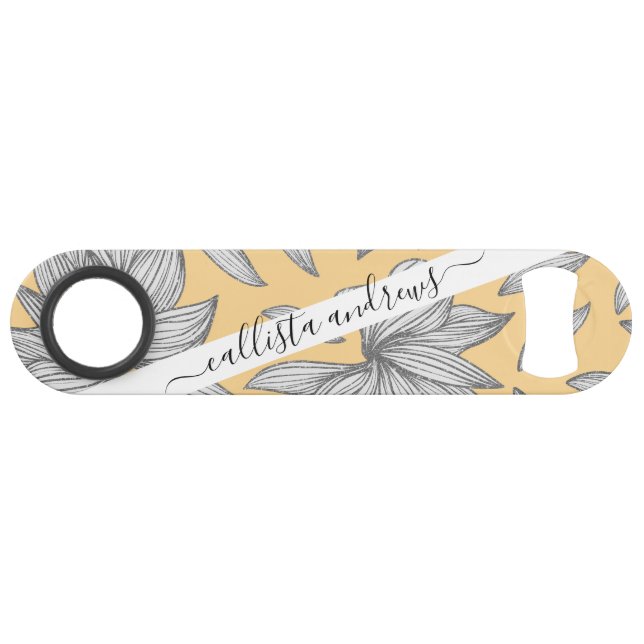 Elegant Yellow Silver Glitter Floral Line Art Bar Key (Front (Horizontal))