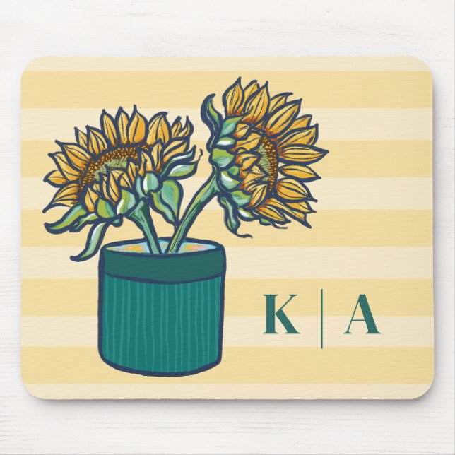 Elegant Yellow Striped Monogram Sunflower  Mouse Pad (Front)