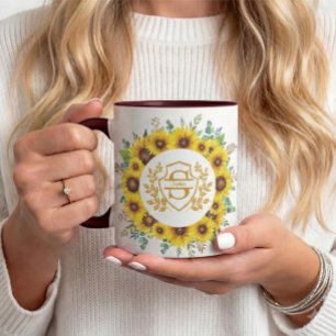 Elegant Yellow Sunflower Wreath Monogram Name Mug