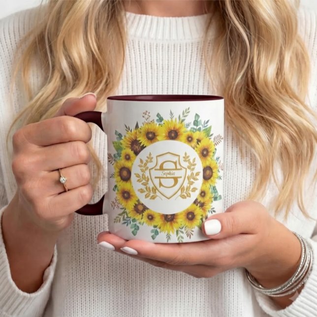 Elegant Yellow Sunflower Wreath Monogram Name Mug (Creator Uploaded)