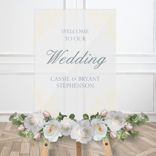 Elegant Yellow Vintage Frame Wedding Welcome Acrylic Sign (elegant butter yellow and blue vintage wedding sign with bride and groom names plus date for welcome)