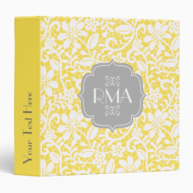Elegant Yellow Vintage Lace Personalized Monogram Binder (Front/Spine)