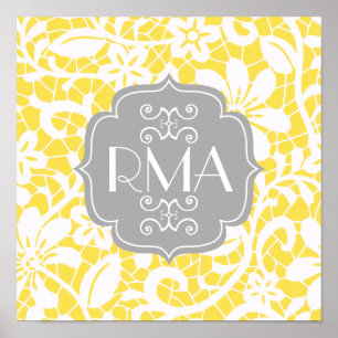Elegant Yellow Vintage Lace Personalized Monogram Poster