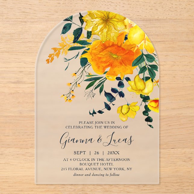 Elegant Yellow Watercolor Botanical Floral Wedding Acrylic Invitations (Front)