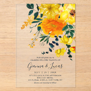 Elegant Yellow Watercolor Botanical Floral Wedding Acrylic Invitations