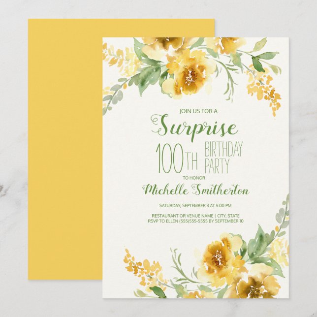 Elegant Yellow Watercolor Floral 100th Birthday Invitation (Front/Back)