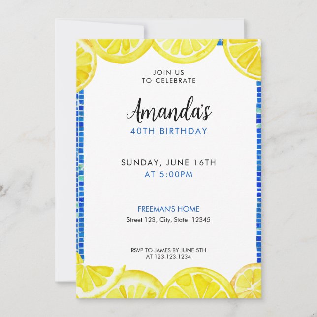 Elegant Yellow Watercolor Lemons 40th Birthday Invitation (Front)