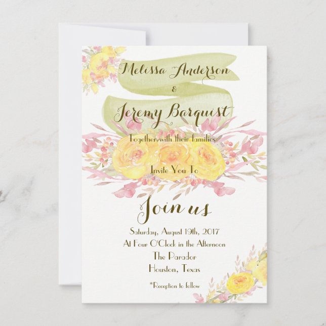 Elegant Yellow Watercolor Rose Wedding Invitations (Front)