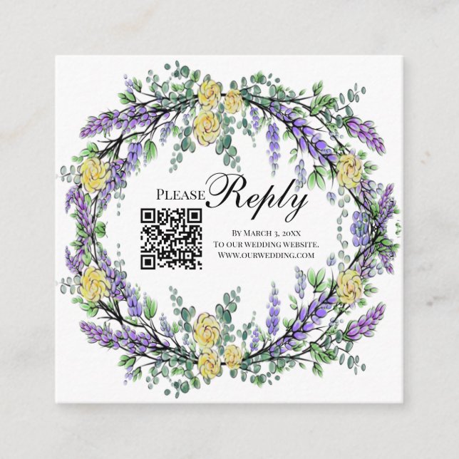 Elegant yellow watercolor roses lavender RSVP QR  Enclosure Card (Front)