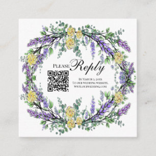 Elegant yellow watercolor roses lavender RSVP QR  Enclosure Card