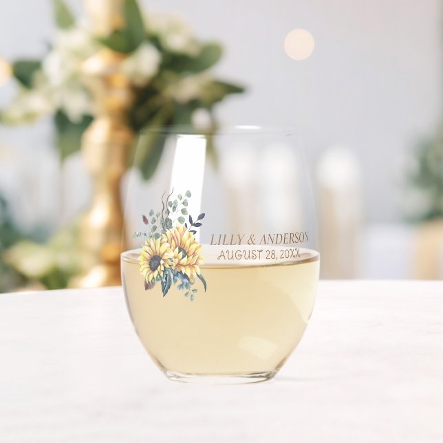 Elegant Yellow Watercolor Sunflower Sunny  Stemless Wine Glass (Insitu (Wedding))