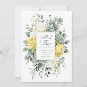Elegant Yellow White Floral Eucalyptus Watercolor Invitation