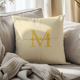 Elegant Yellow & White Stripes Monogram Name Throw Pillow