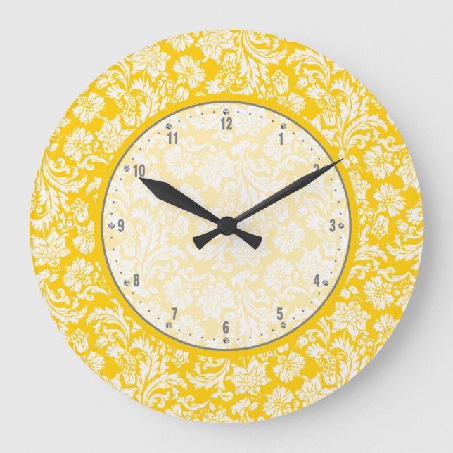 Elegant Yellow & White Vintage Floral Damasks 4 Large Clock (Front)