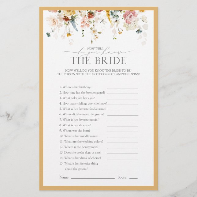 Elegant Yellow Wildflower Bridal Shower Game (Front)