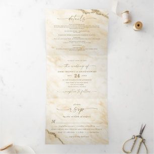 Elegant Yellow with Gold Foil Marble Wedding Tri-Fold Invitation