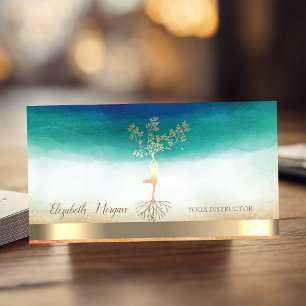 Elegant Yoga Instructor Gold Tree Women Silhouette Business Card