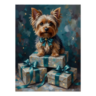 Elegant Yorkshire Terrier Dog Holiday Gift Stack Poster